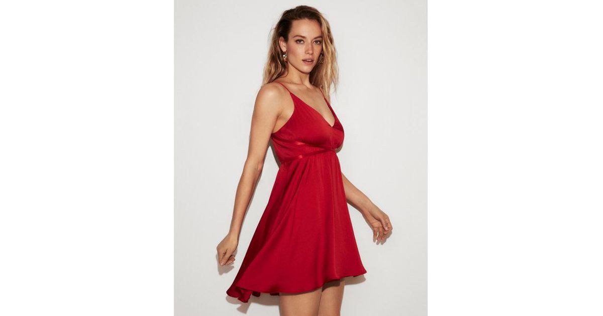 red satin fit and flare dress