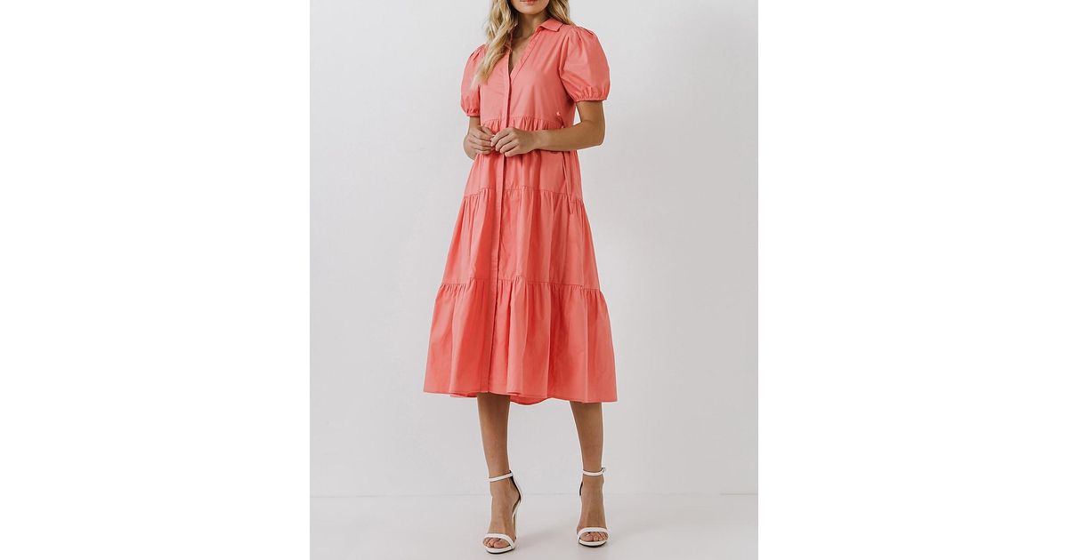 Express English Factory Puff Sleeve Tiered Midi Dress Coral in Pink | Lyst