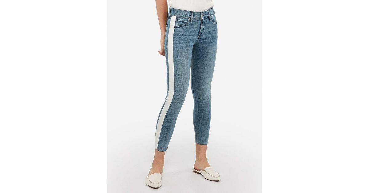 Express Mid Rise Denim Perfect Side Stripe Raw Hem Cropped Leggings