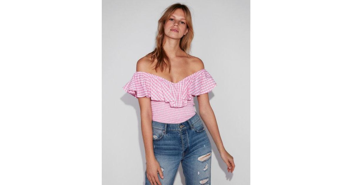 Pink gingham off the shoulder cropped top 