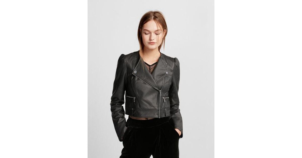 Express Black Puff Sleeve Cropped Faux Leather Jacket