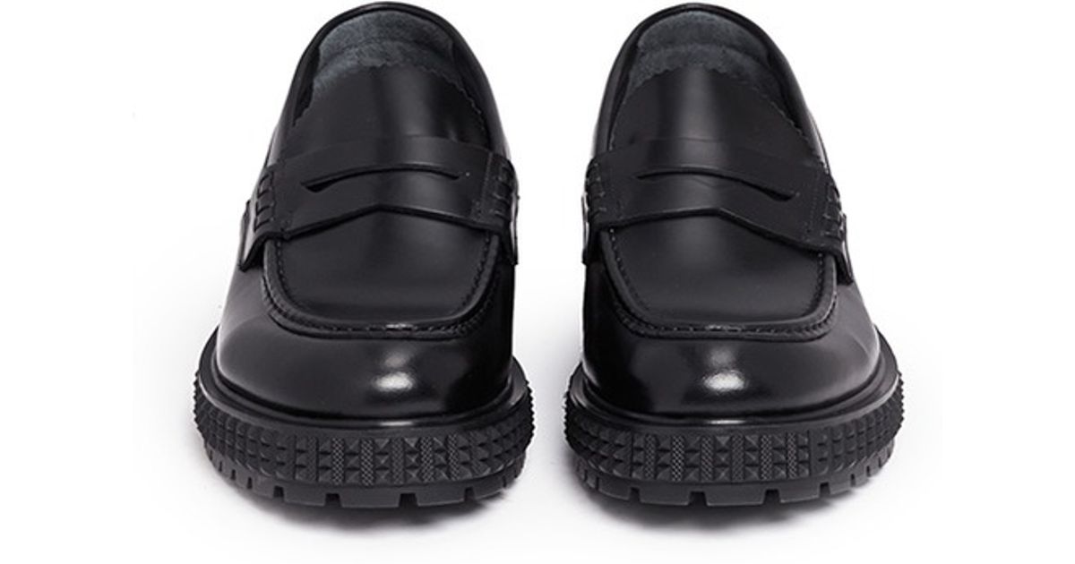 Lyst - Valentino 'rockstud' Tread Sole Leather Penny Loafers in Black