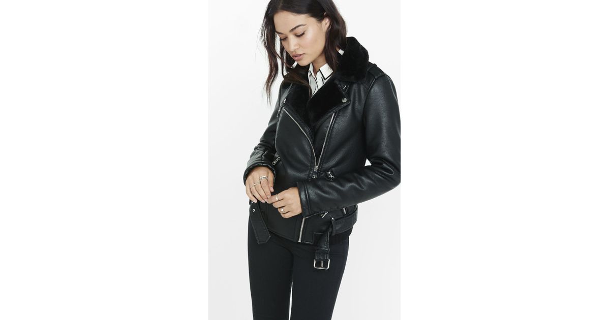 Express Black Faux Fur Lined Biker Jacket