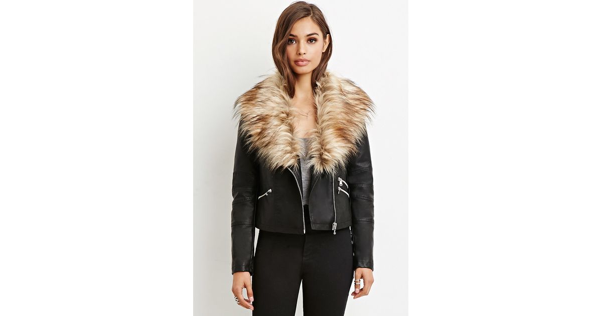 Lyst Forever 21 Faux Fur Trimmed Moto Jacket In Black