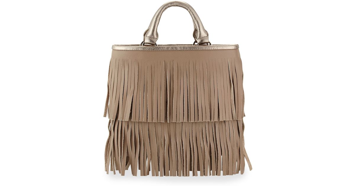 Lyst Posse Sara Mini Leather Fringe Tote Bag In Natural