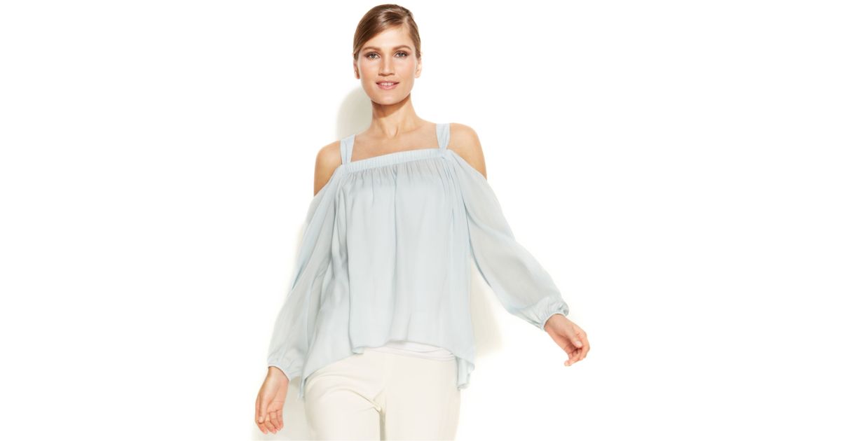 vince camuto ruched cold shoulder top