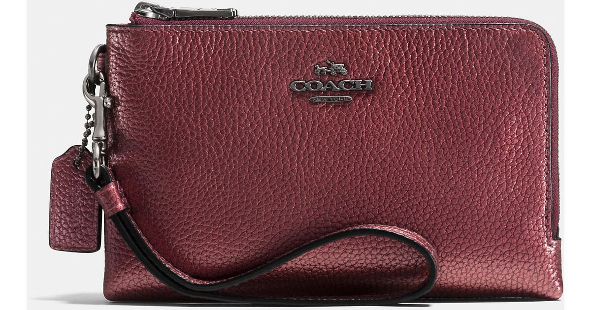 Coach Purple Double Corner Zip Wristlet In Metallic Pebble Leather