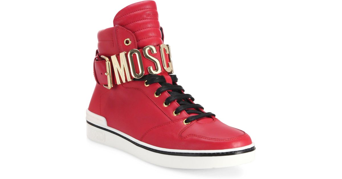 Moschino Strap Logo High-top Leather Sneakers in Red-Gold (Red 