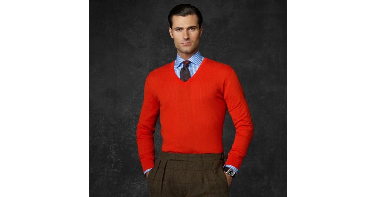 red v neck sweater mens outfit