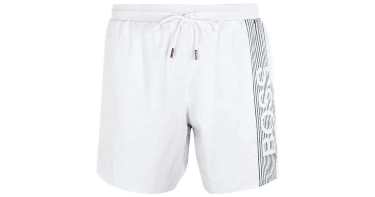 BOSS Mens Icefish Recycled-Fabric Quick-Drying Swim Shorts with Metallic Logo