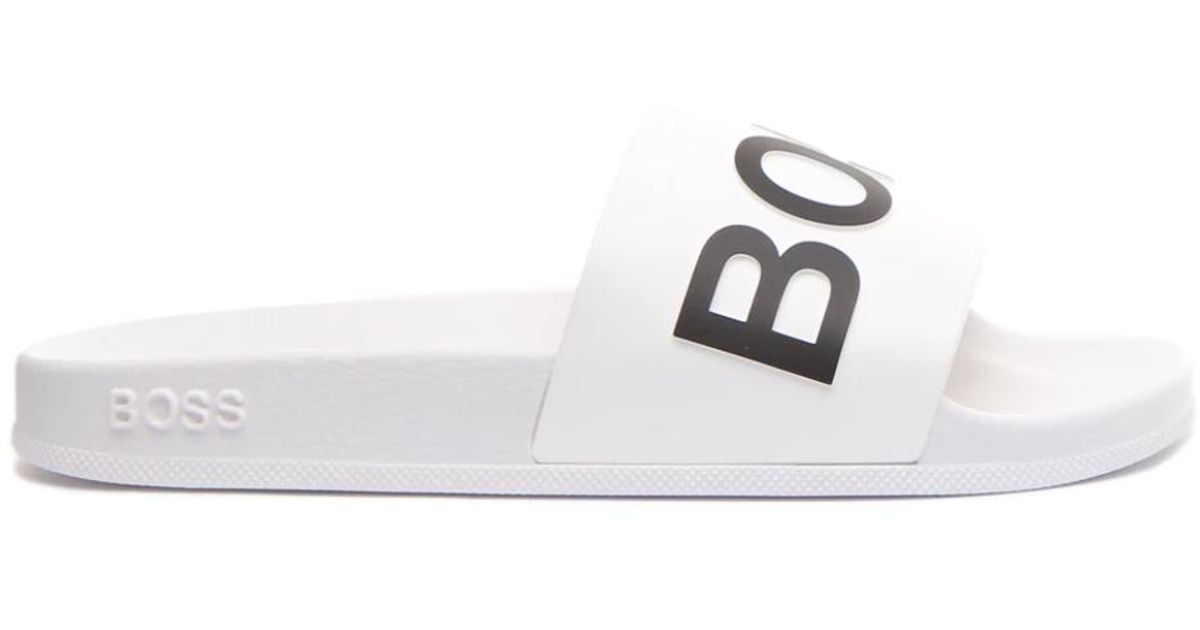 BOSS by HUGO BOSS Boss Italian Made Sliders With Logo Strap In White for  Men | Lyst