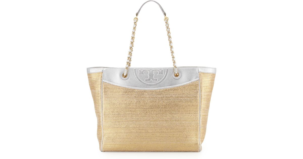 Lyst Tory Burch Fleming Metallic Tote Bag In
