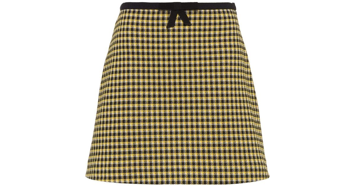 Miu Miu Cotton Gingham-print A-line Skirt in Yellow | Lyst