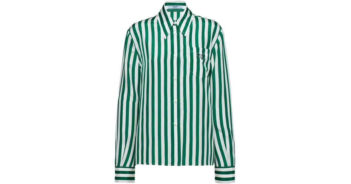 Prada Vertical-stripe Silk Shirt in Green | Lyst