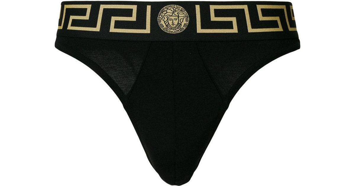 Versace Cotton Greek Key Thong in Black for Men | Lyst