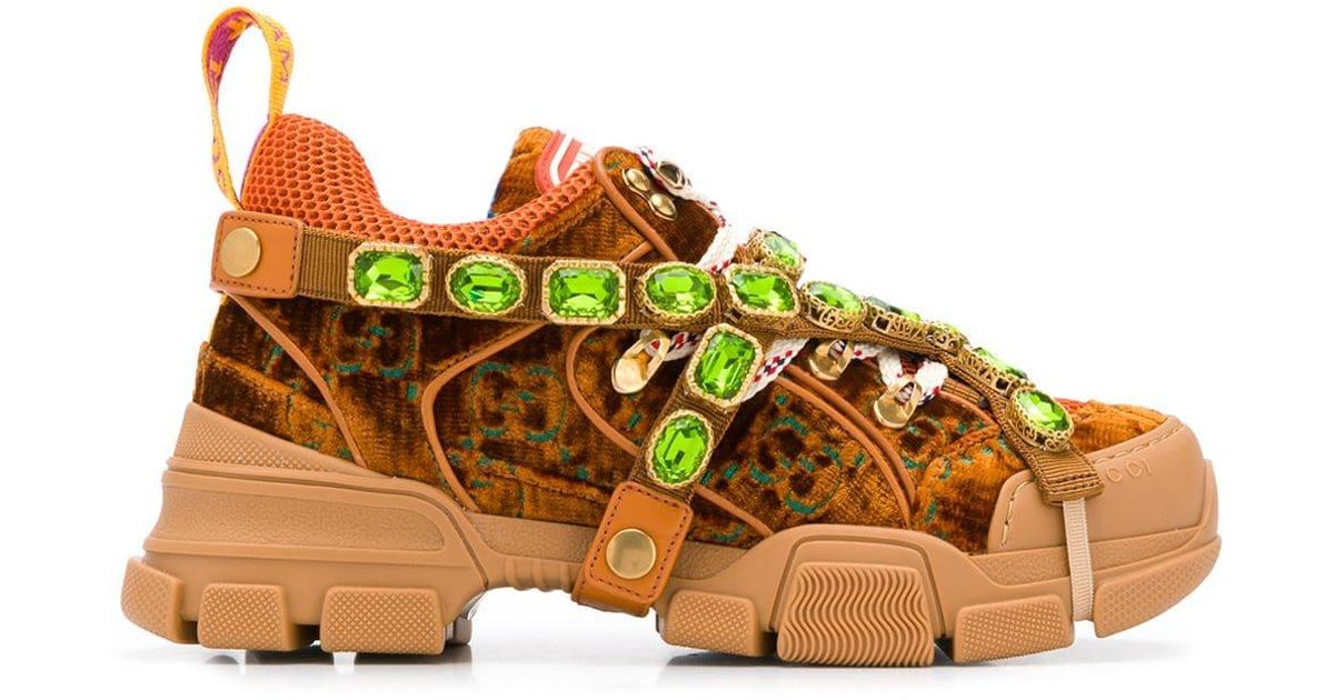 Gucci Velvet Embellished Flashtrack Sneakers - Lyst
