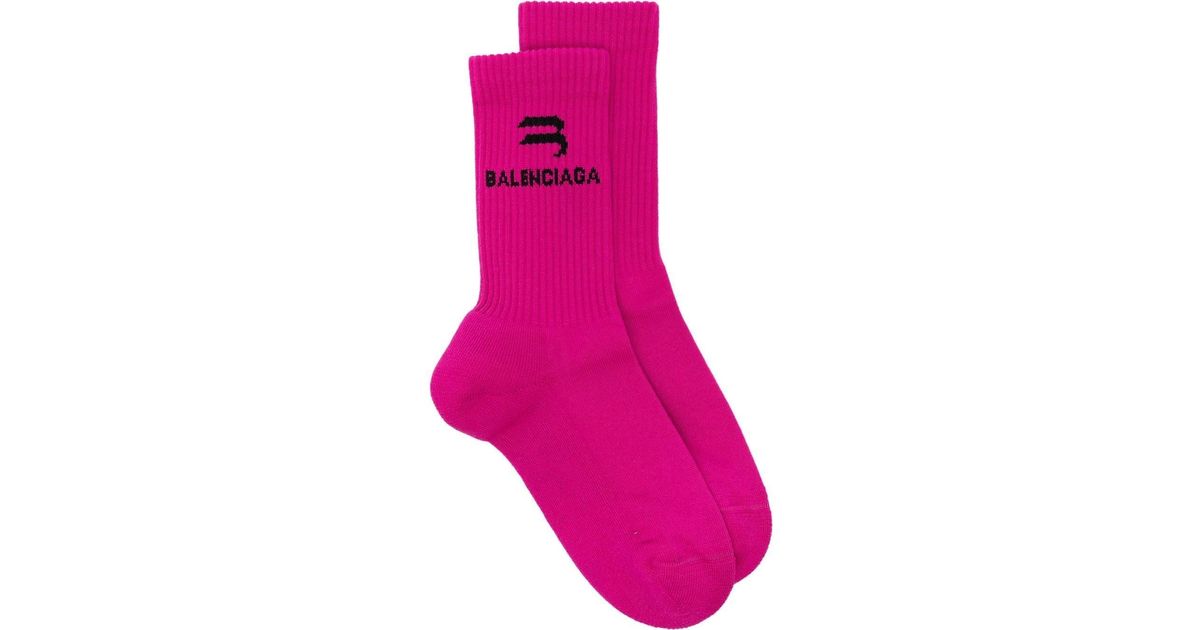 Balenciaga Ribbed-knit Logo-intarsia Socks in Pink | Lyst