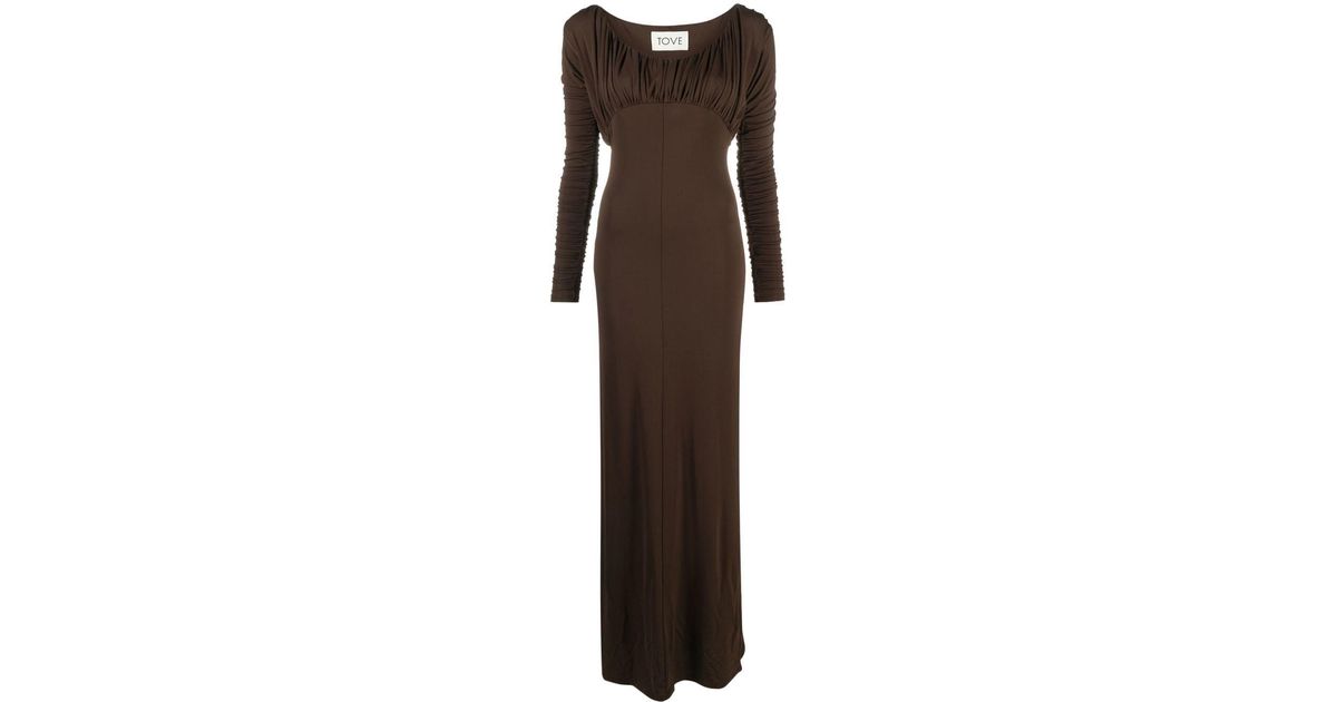 TOVE Safia Ruched Maxi Dress in Brown | Lyst UK