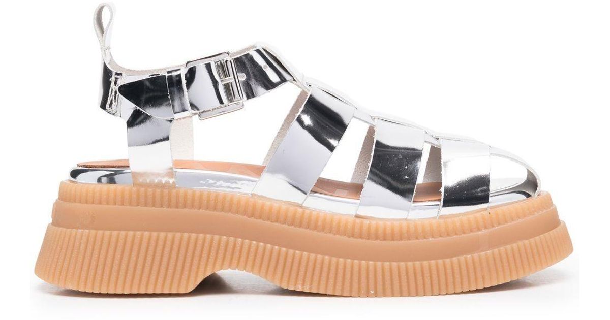 Ganni Leather Creeper 55mm Cage Strap Sandals in Silver (Metallic) | Lyst
