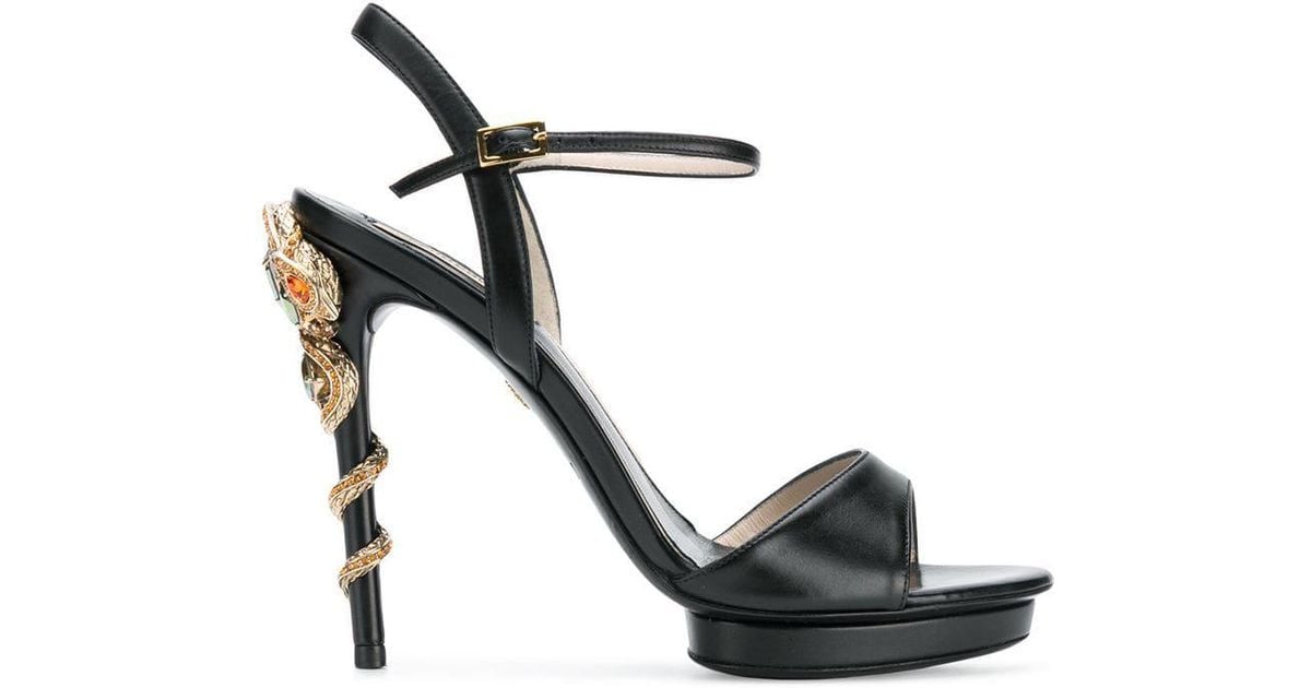 Roberto Cavalli Snake Embellished Heeled Sandals in Black | Lyst