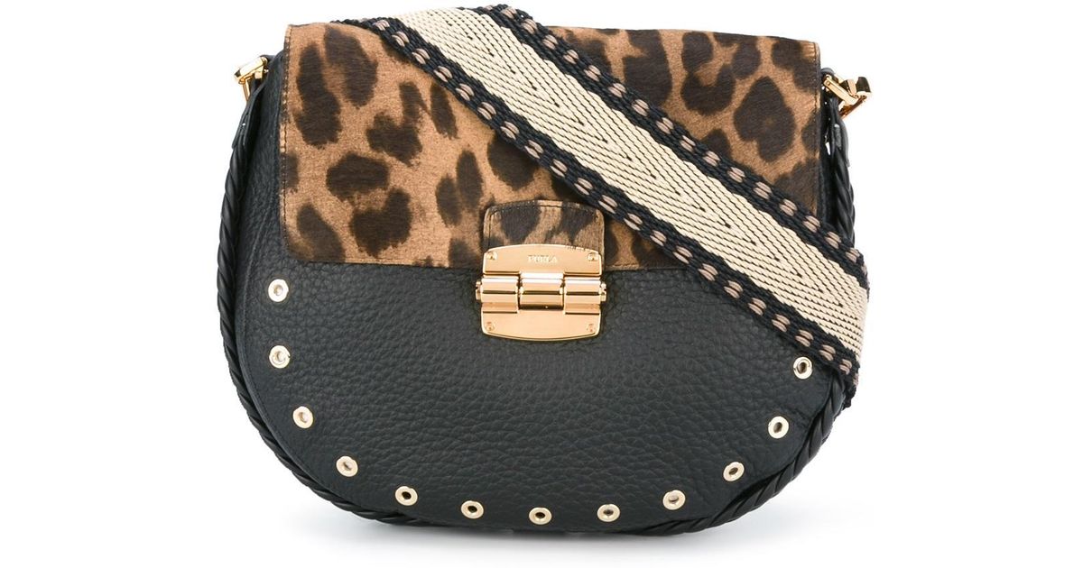 Furla Leather Leopard Print Shoulder Bag in Black - Lyst