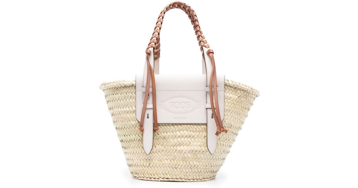 Small Leather Trimmed Raffia Tote Bag in Neutrals - Tods