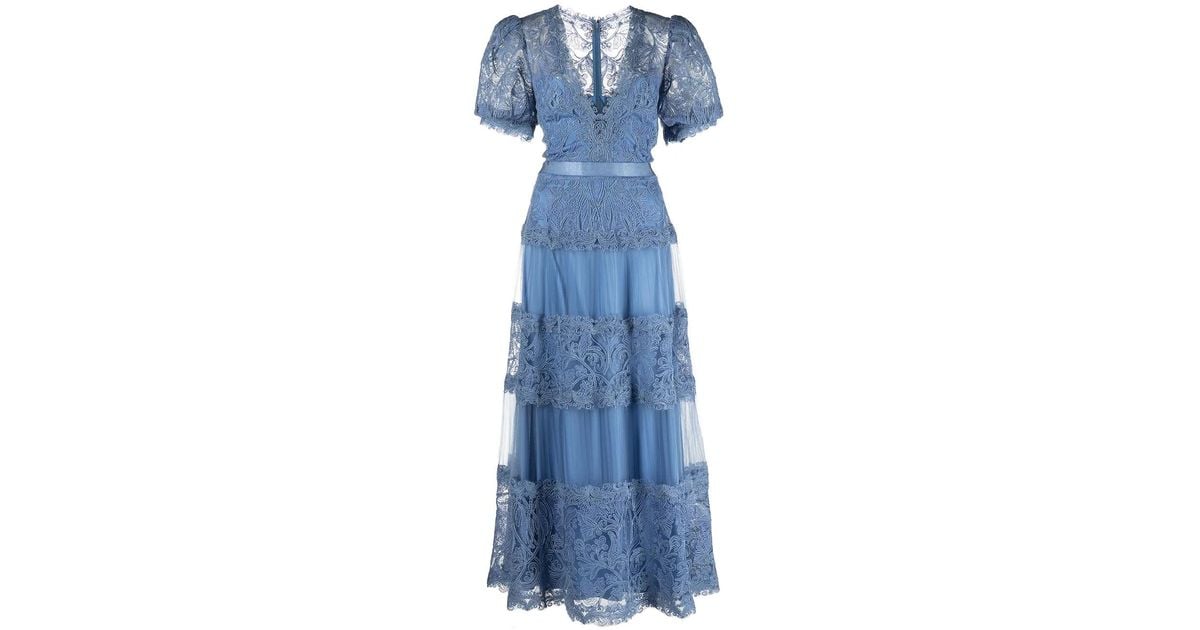 tadashi shoji fatiha floral lace and chiffon dress Tadashi Shoji Fatiha Floral-Lace Dress in Blue