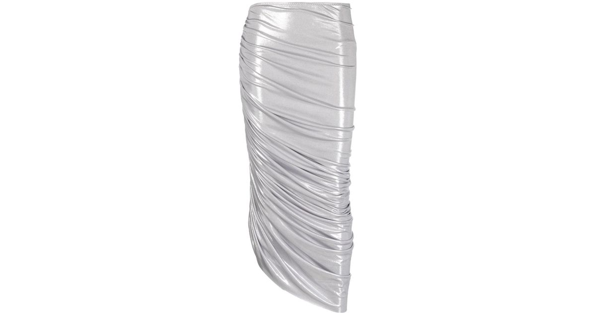 Norma Kamali Metallic-effect Ruched Midi Skirt in Gray | Lyst