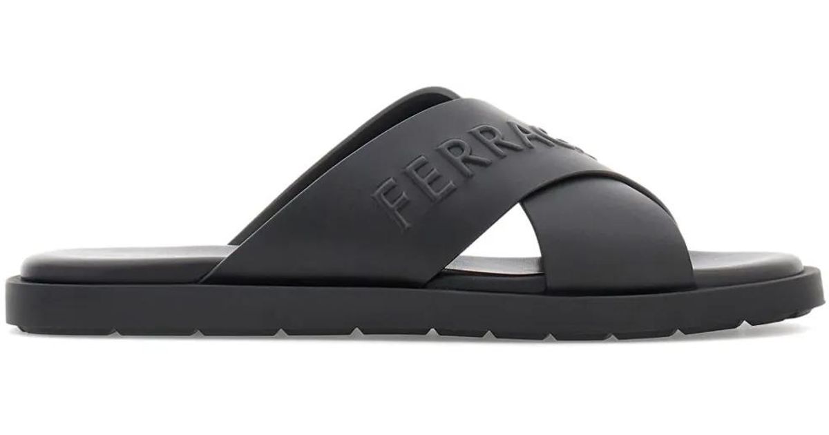 Salvatore Ferragamo Black Embossed Cross-Strap Slides Gancini ornament slide - Men | Ferragamo main image 2