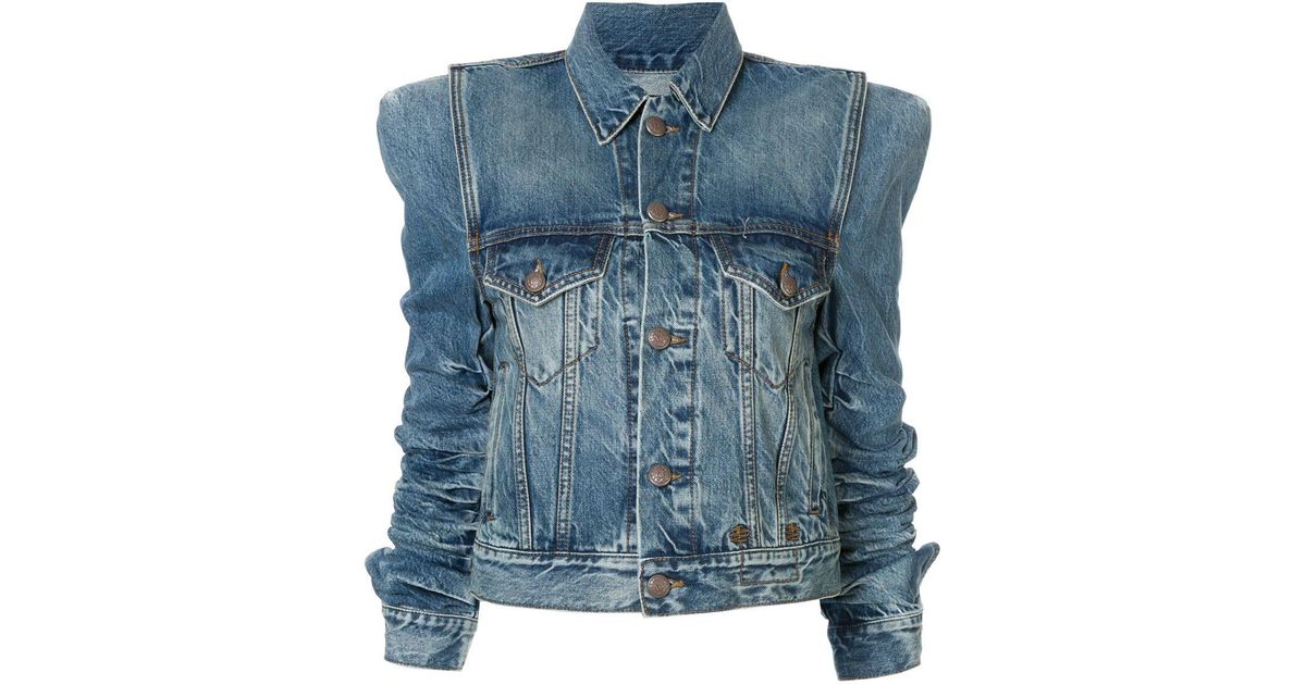 R13 Cotton Ruched Sleeves Shoulder Pad Jacket in Blue Lyst