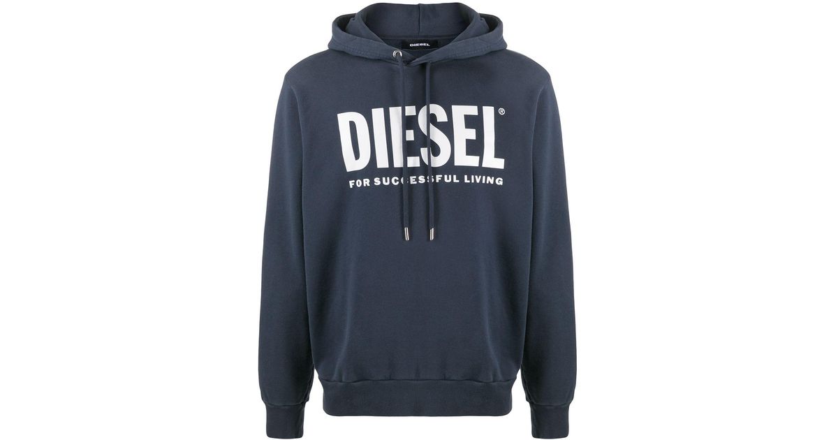 DIESEL Cotton Logo-print Long-sleeved Hoodie in Blue for Men - Lyst