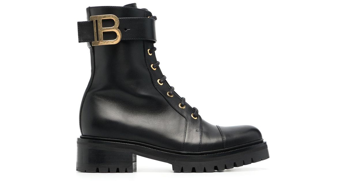 Balmain Leer Ranger Leren Combat Boots in het Zwart - Lyst