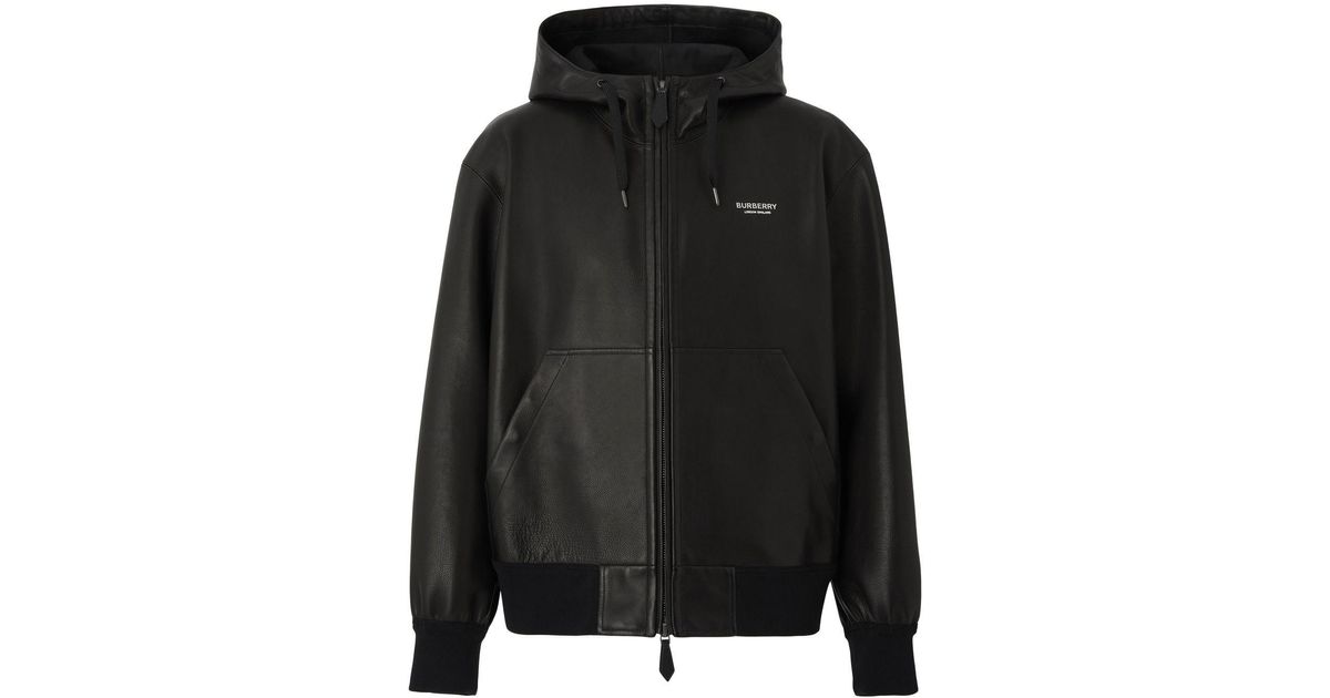 Burberry Leather Logo-patch Hooded Jacket in Black for Men | Lyst