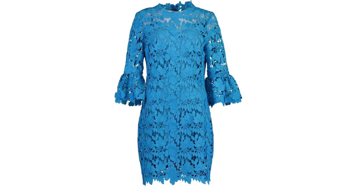 Monique Lhuillier Bell-Sleeve Lace Mini Dress in Blue | Lyst