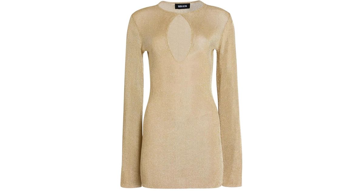 SER.O.YA Emerie Keyhole Metallic Fine-Knit Mini Dress in Natural | Lyst