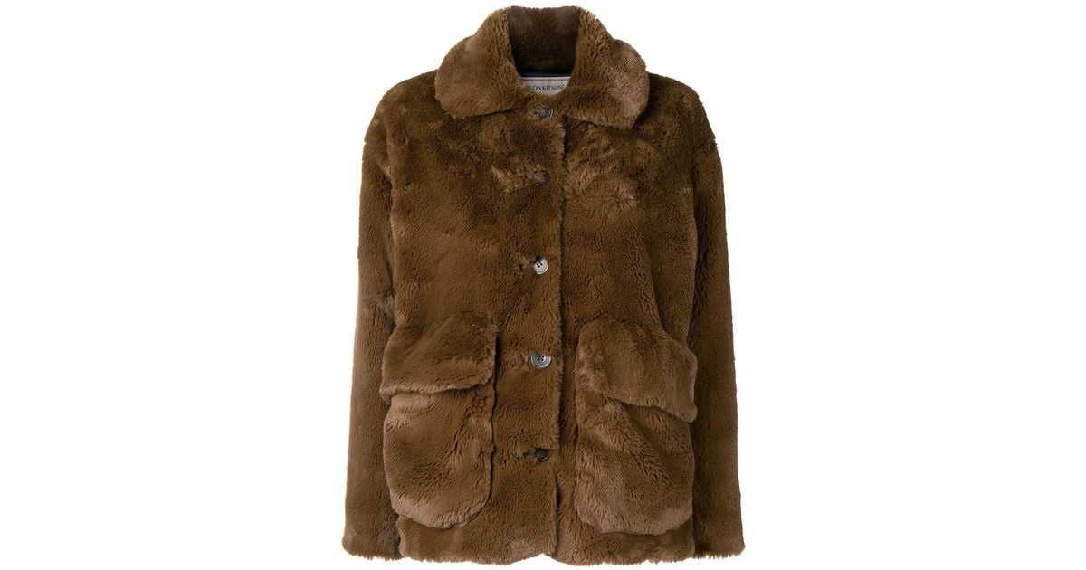 maison kitsune jean faux fur coat
