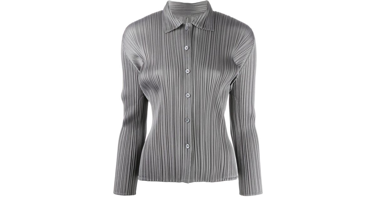 Pleats Please Issey Miyake Spread Collar Pleated Shirt in Gray
