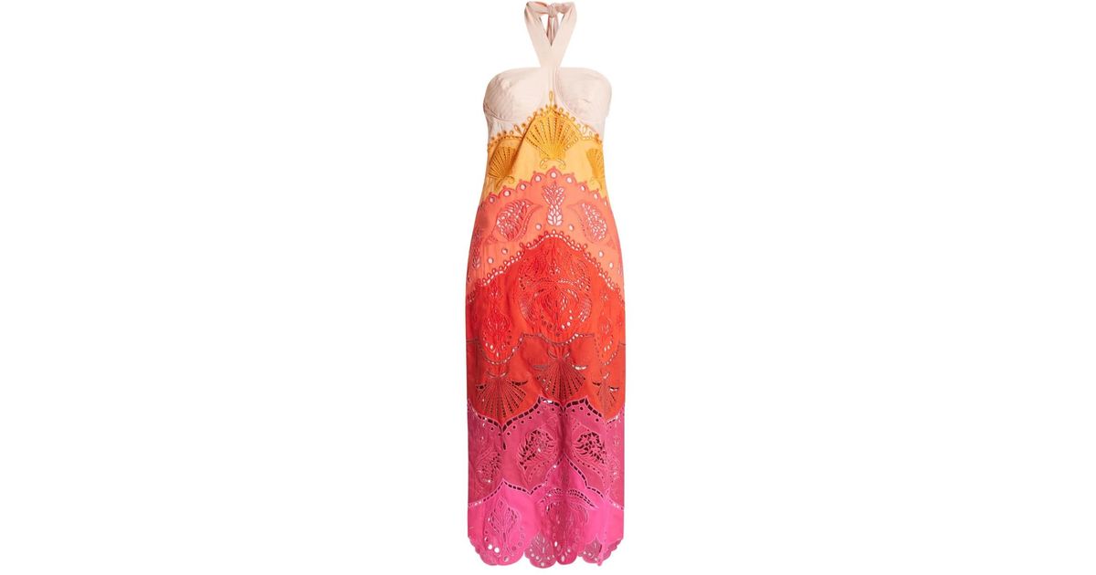 FARM Rio Embroidery-Eyelet Halter-Neck Midi Dress in Red | Lyst