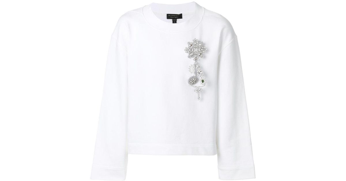 Burberry Cropped Crystal Brooch Sweatshirt in White | Lyst