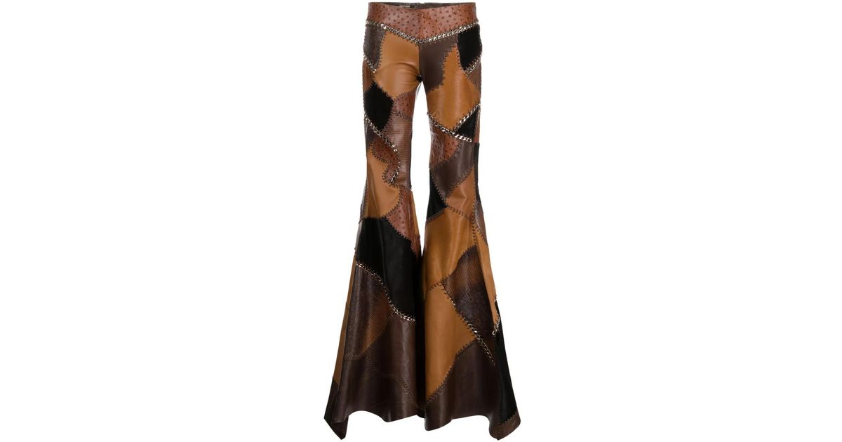 Roberto Cavalli Patchwork Flared Leather Trousers in Brown | Lyst