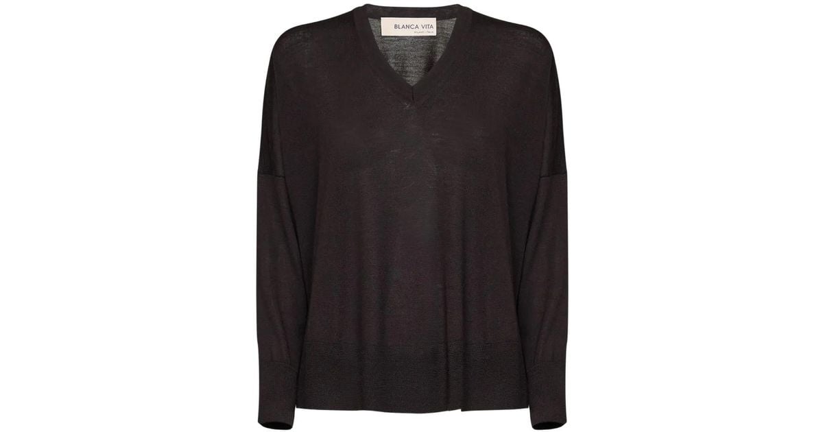 Blanca Vita Dropped-Shoulder V-Neck Sweater in Black | Lyst