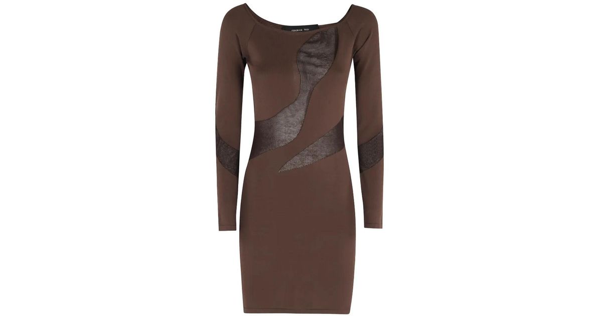 sheer panelled long sleeve mini dress in brown FEDERICA TOSI Panel centre front approx article_id:78511 0 100 Or Price100-150 Color:PETALS BEIGE