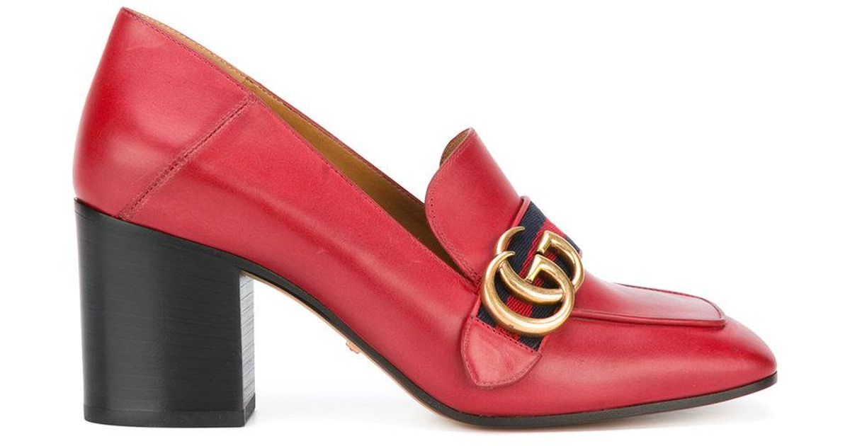 Gucci Leather Gg Web Mid-heel Loafer Pumps in Red | Lyst