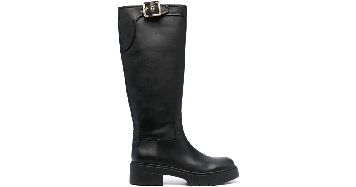 COACH Leather Kneelength Buckle Boots in Black Lyst