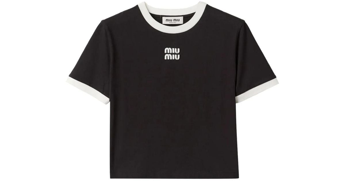 Miu Miu Logo-Embroidered T-Shirt in Black | Lyst