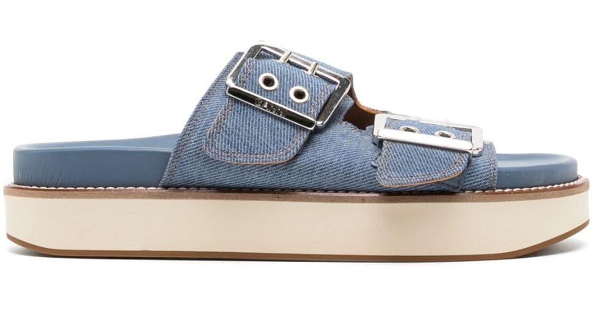 Ganni Buckle-fastening Denim Flat Sandals in Blue | Lyst