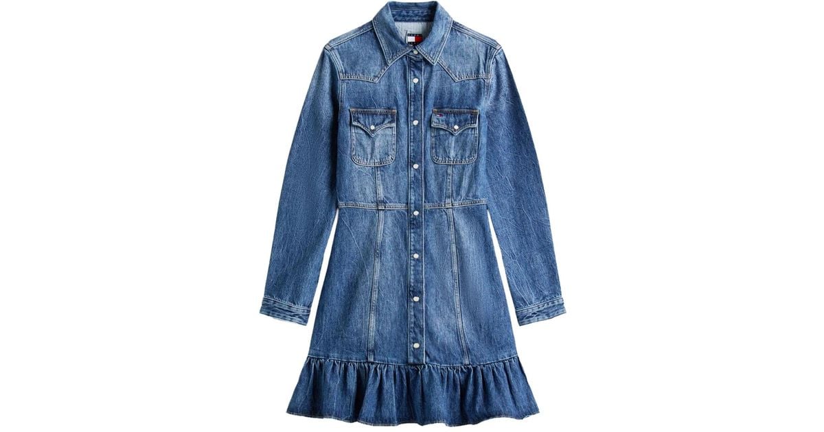 Tommy Hilfiger Flounce Denim Mini Dress in Blue | Lyst