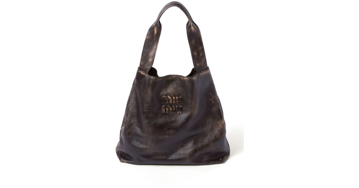 Miu Miu Logo-embossed Leather Tote Bag in Black | Lyst