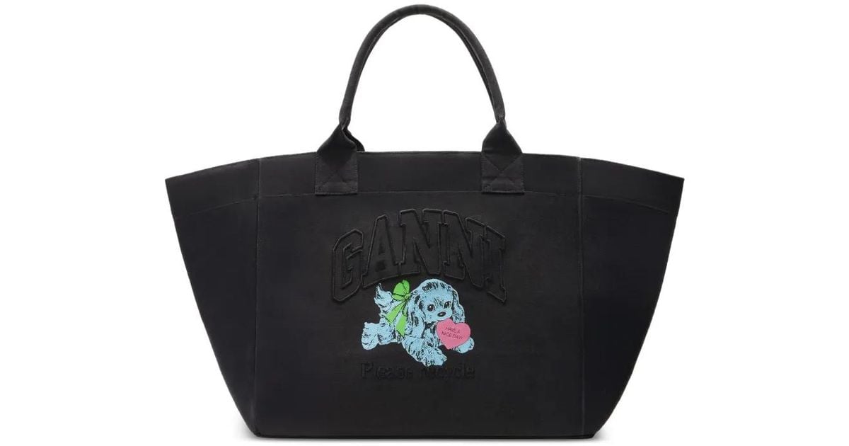 【送料&関税込】Ganni Black Shopper With Embroidered Logo On Ganni Shopper at Mayke.com