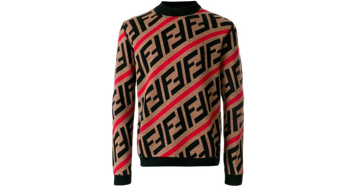 Fendi Ff Logo Diagonal-stripe Sweater in Red for Men | Lyst